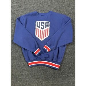 US Soccer Boys Blue Crew Neck Sweatshirt USA Crest Striped Trim Large 14-16
